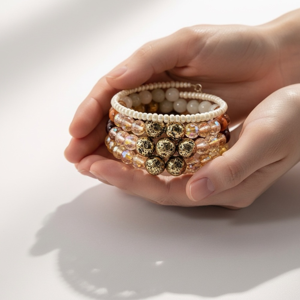 Stackable Beaded Bracelet Set - Cream & Gold
